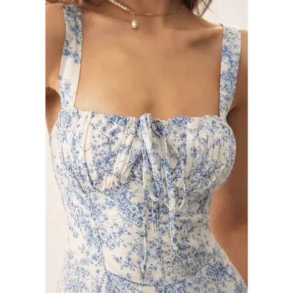 RIHOAS Blue Floral Ruched Slip Corset Mini Dress L - Picture 2 of 7